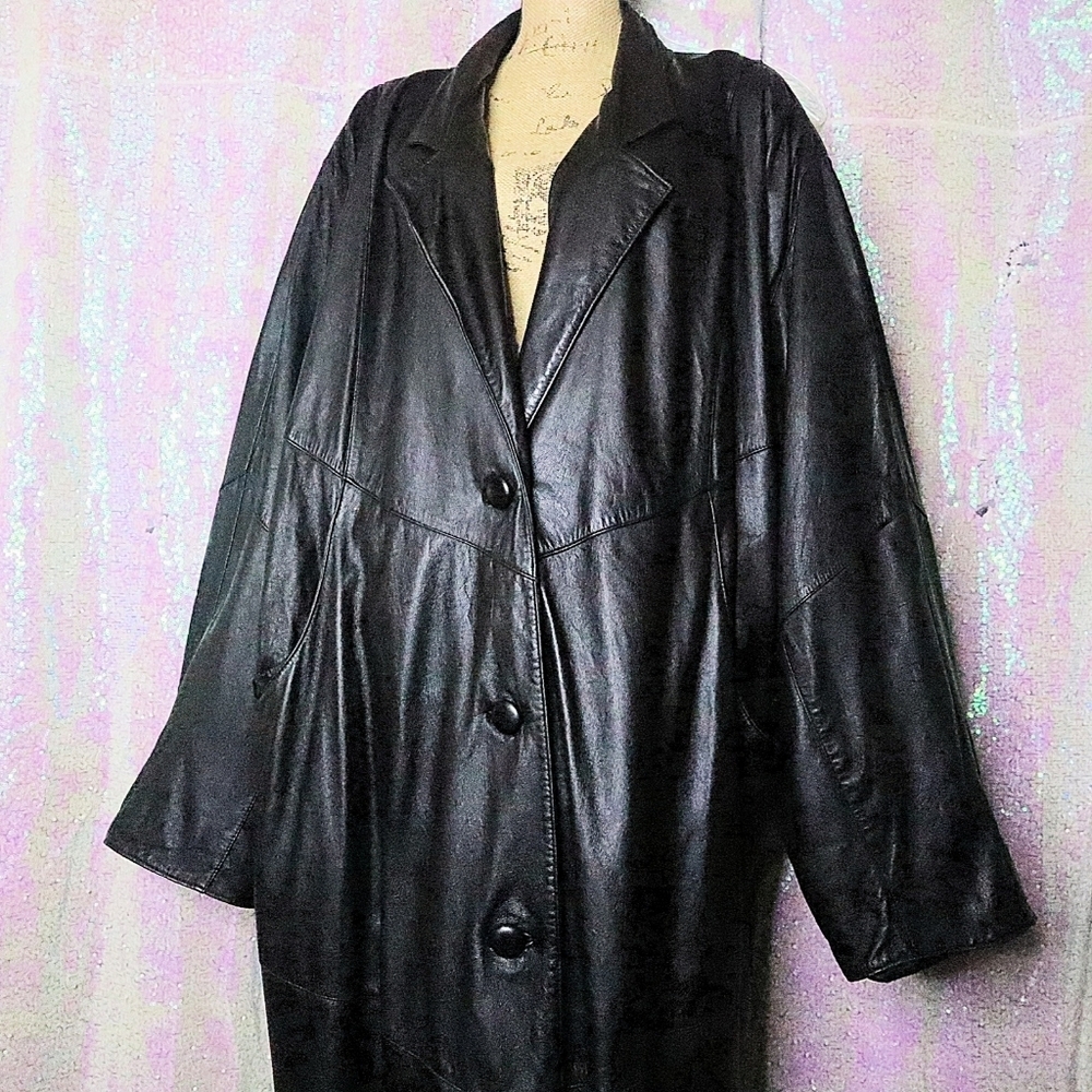 VINTAGE LEATHER TRENCH COAT 22W Venezia Black Halloween Goth Fall Winter Long - Picture 3 of 12